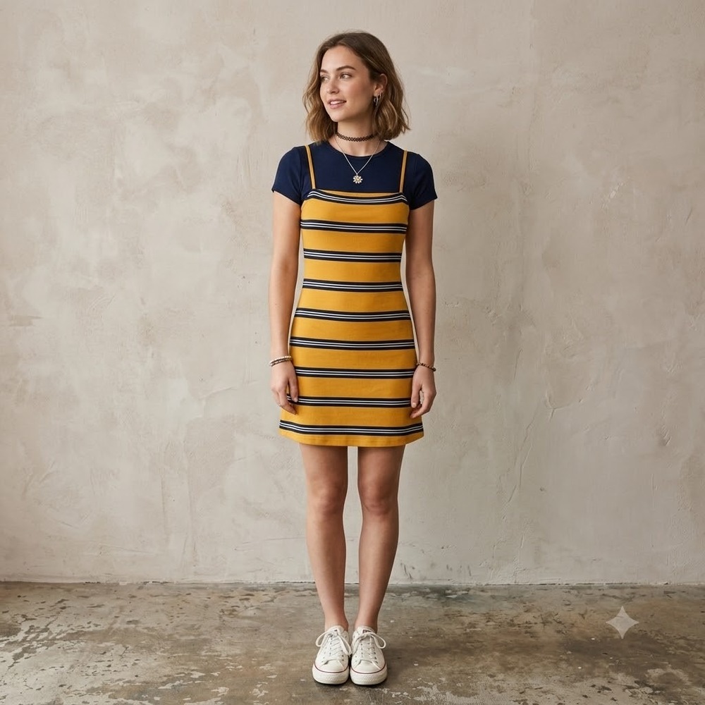 Kendall & Kylie Mini Dress Womens Yellow Striped Spaghetti Strap Stretch S